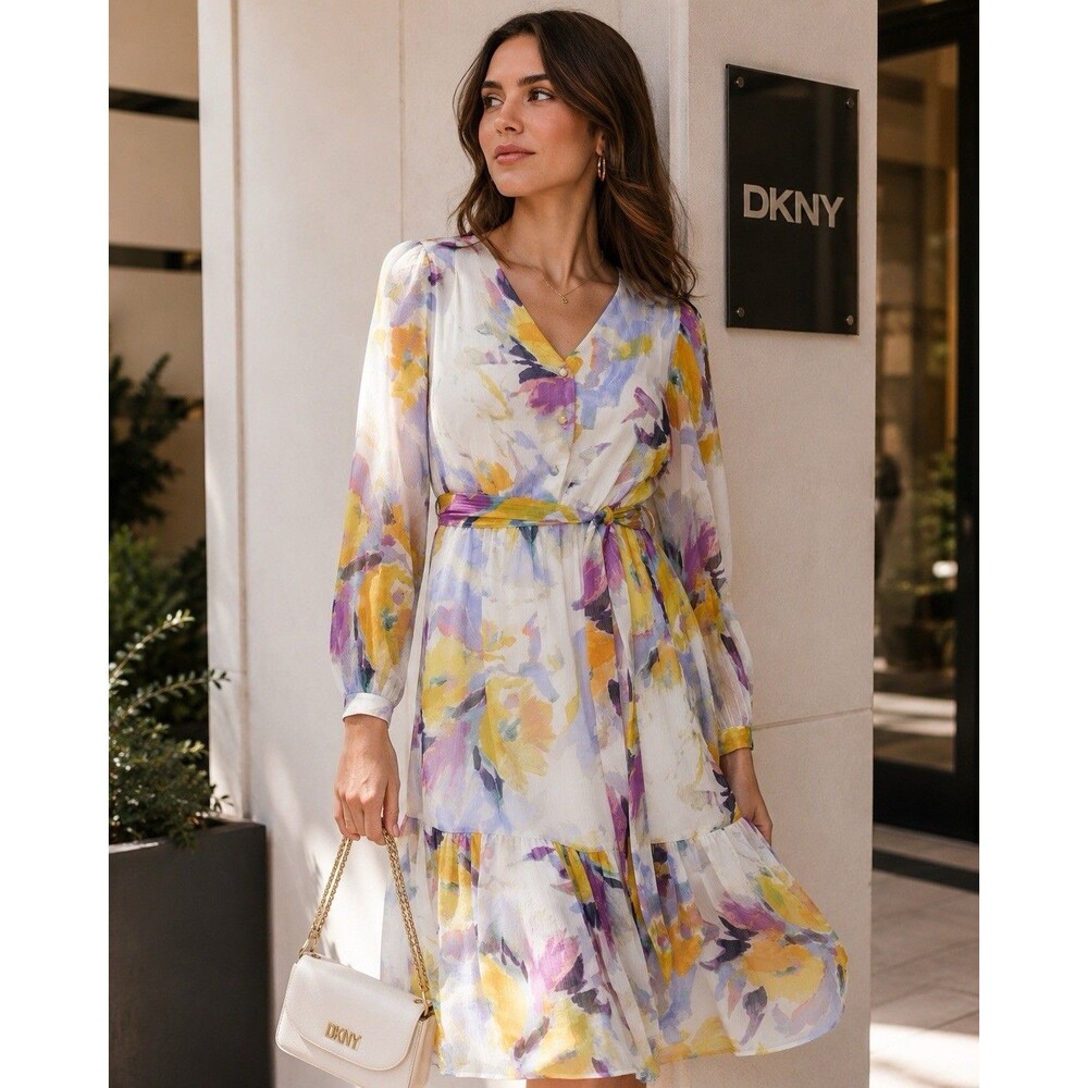 DKNY New Women’s Dress US 8 Fit Flare V Neck Chiffon Floral Tie Waist A-Line